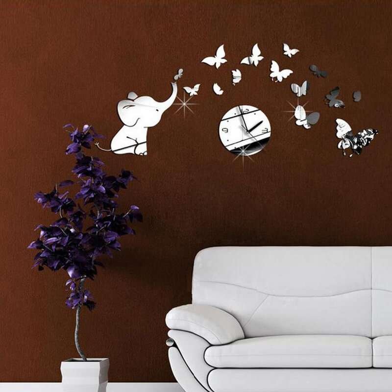 Elephant and Butterfly Mirrored Silent Bedroom Clock