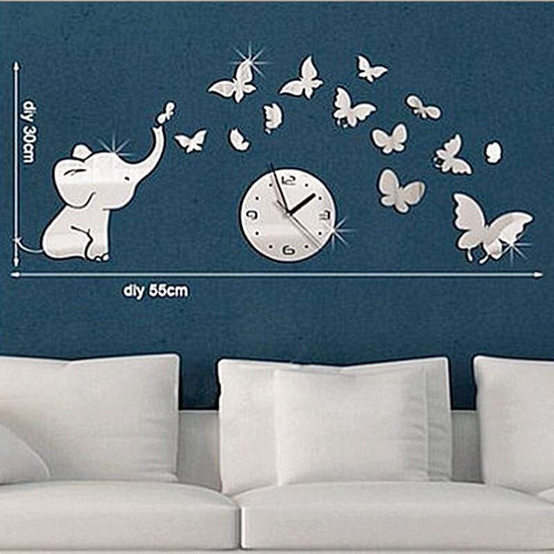 Elephant and Butterfly Mirrored Silent Bedroom Clock